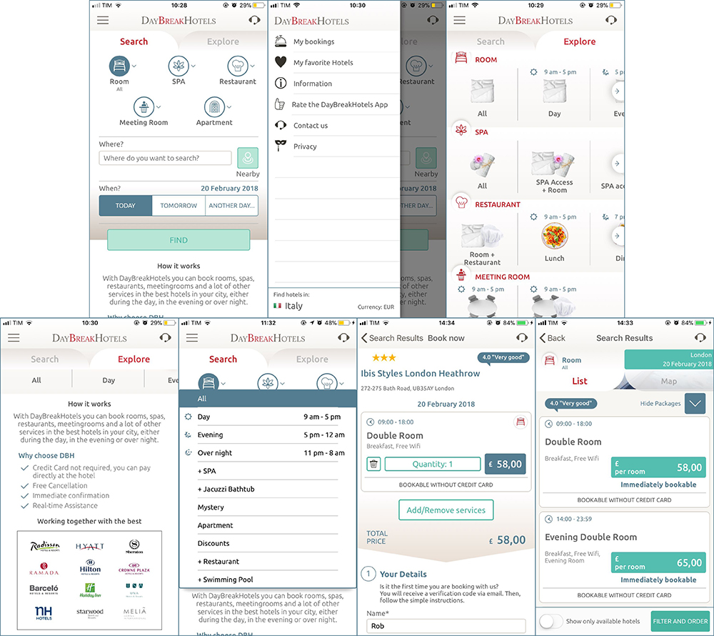 DayBreakHotels mobile app interface
