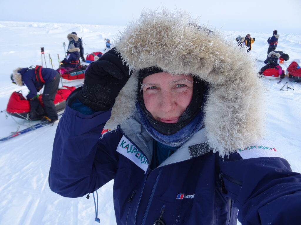 Expedition Leader Felicity Aston on the ice with the team.