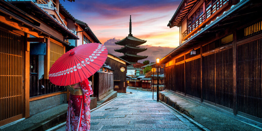 Asian,Woman,Wearing,Japanese,Traditional,Kimono,At,Yasaka,Pagoda,And
